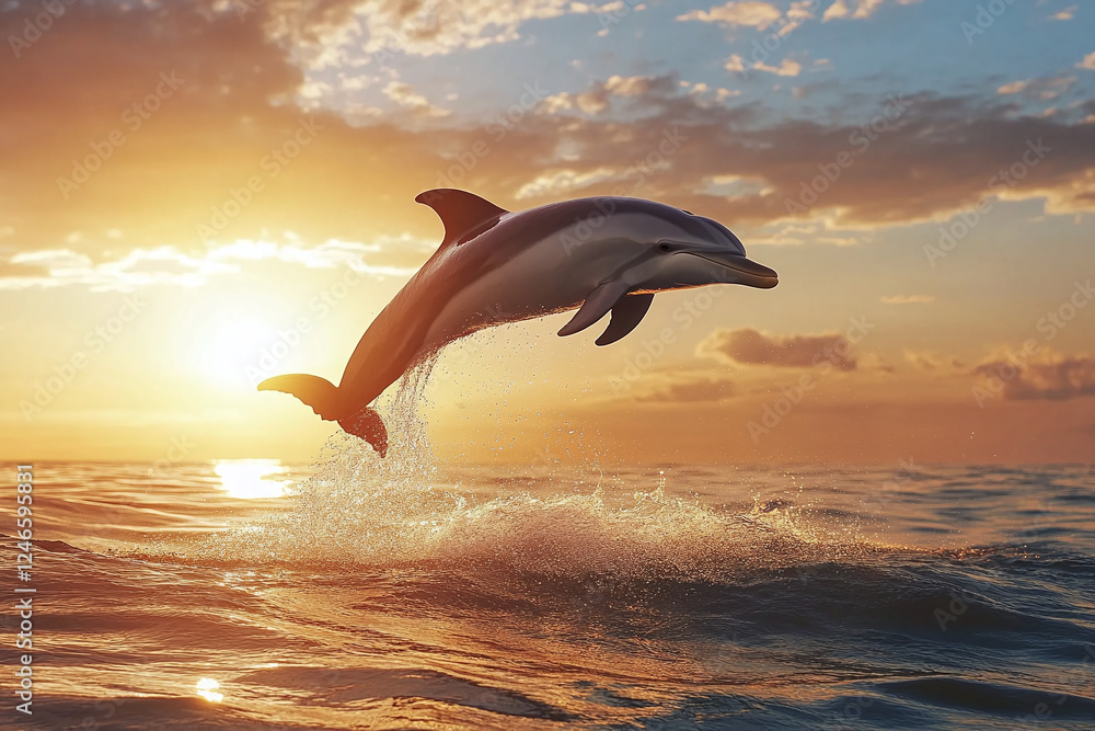 Obraz premium Beautiful dolphin jumping from shining sunset over the sea water surface 