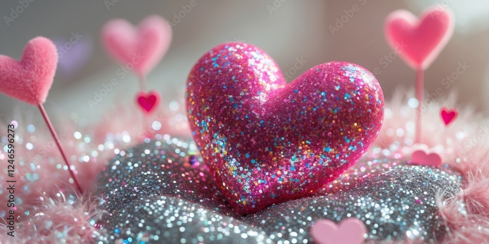 Fototapeta premium A pink glittery heart sitting on a bed of sparkling glitter Valentine's Day.
