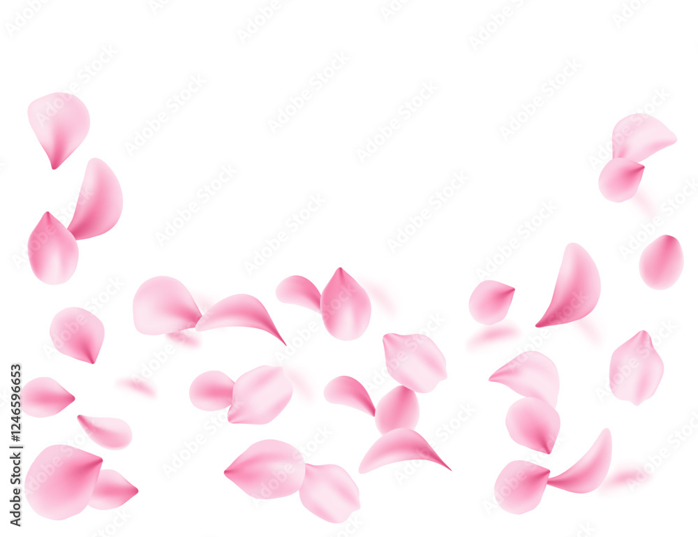 Flying soft pink petals scattered in air. 3d realistic style. Blossom Leaf collection varied shapes. Vector illustration isolated on white background Flying soft pink petals scattered in air. 3d realistic style. Blossom Leaf collection varied shapes. Vector illustration isolated on white background