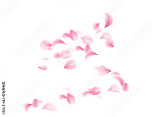 Flying soft pink petals scattered in air. 3d realistic style. Blossom Leaf collection varied shapes. Vector illustration isolated on white background