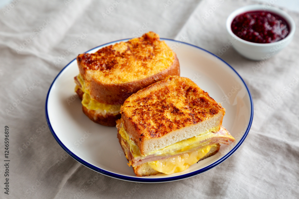 Homemade French Monte Cristo Sandwich with Raspberry Jam, side view. Homemade French Monte Cristo Sandwich with Raspberry Jam, side view.