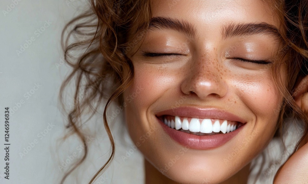 A joyful woman with curly hair smiles brightly, showcasing her radiant skin and white teeth against a soft background. A joyful woman with curly hair smiles brightly, showcasing her radiant skin and white teeth against a soft background.