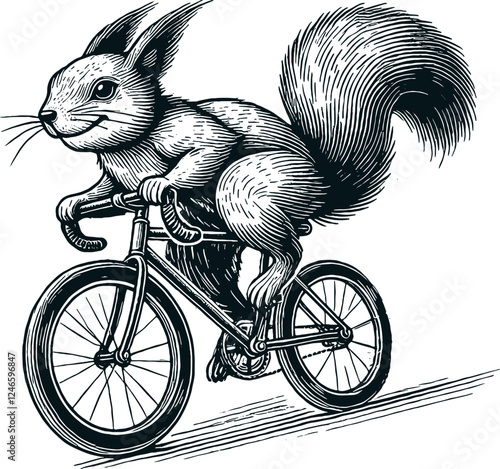 squirrel rides a bicycle style engraving hand drawn vector print on t-shirt
