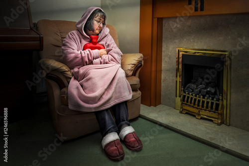 Photography Senior Woman Wrapped in Dressing Gown in Unlit and Unheated Home Holding Hot Wat
