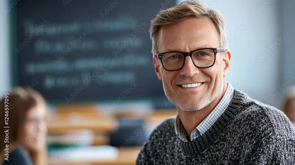 Fototapeta premium A portrait of a middle-aged European male teacher smiling in a classroom. Dressed in a sweater, he exudes confidence and approachability as he engages with students.