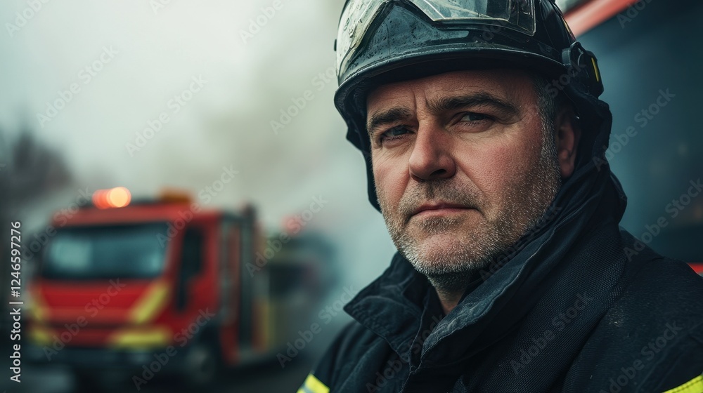 A portrait of a middle-aged European man dressed in firefighter gear, showcasing determination and bravery amidst an emergency scene with smoke and vehicles. A portrait of a middle-aged European man dressed in firefighter gear, showcasing determination and bravery amidst an emergency scene with smoke and vehicles.
