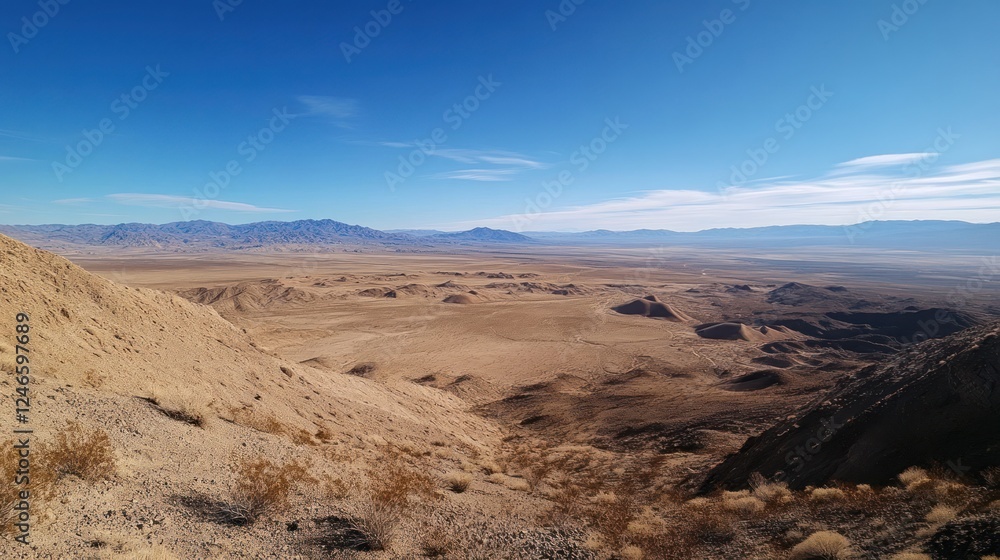 Fototapeta premium A vast desert landscape under a clear blue sky, showcasing natural beauty and tranquility.