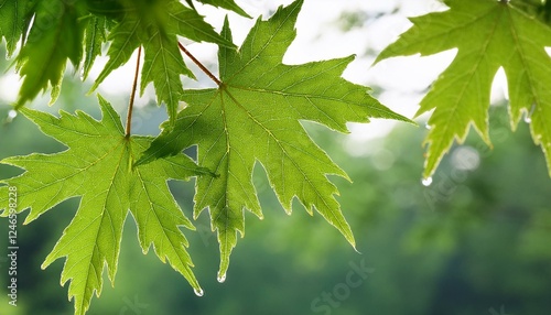 A maple leaf with an early morning fog and brezze dripping photo