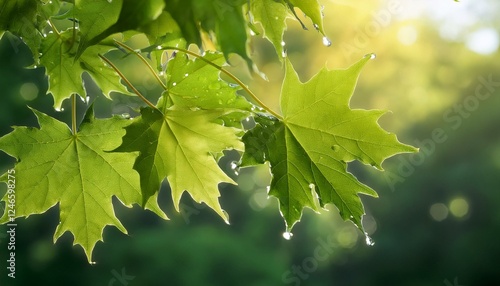 A maple leaf with an early morning fog and brezze dripping photo