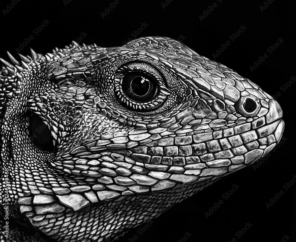 Fototapeta premium Black and white portrait of a lizard / reptile 