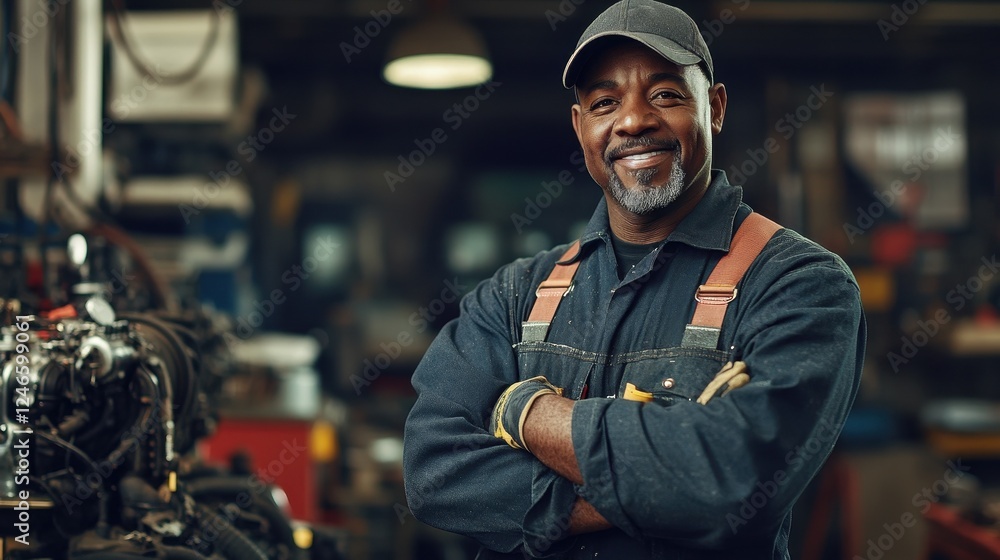 A confident middle-aged African American male mechanic stands in a workshop, proudly showcasing his skills and dedication to the trade with tools nearby. A confident middle-aged African American male mechanic stands in a workshop, proudly showcasing his skills and dedication to the trade with tools nearby.