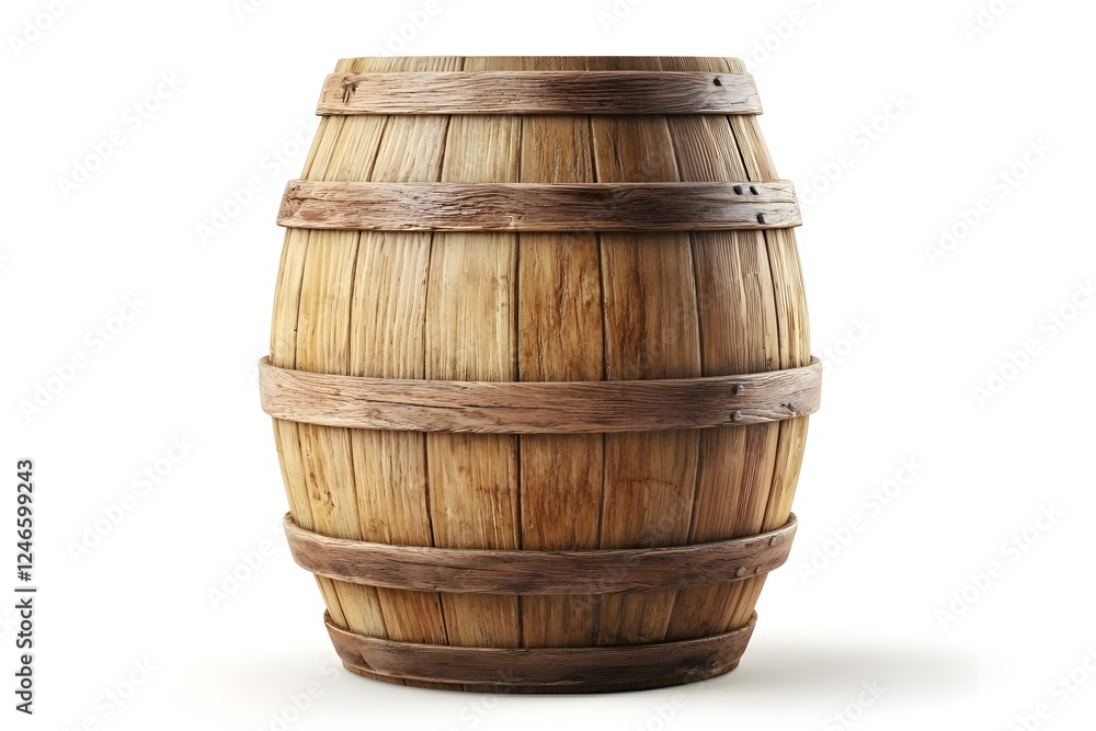 Obraz premium Aged Wooden Barrel: A rustic, aged wooden barrel stands on its own, showcasing its weathered texture and traditional craftsmanship. The wood grain is visible, hinting at the stories held within.