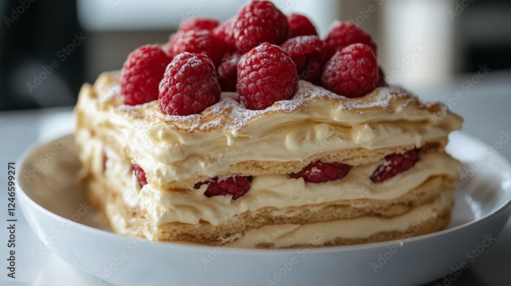 Delicious raspberry cake dessert on plate Delicious raspberry cake dessert on plate