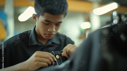 Young oriental asian man Tailor sewing at Work in clothing fashion textile atelier workshop