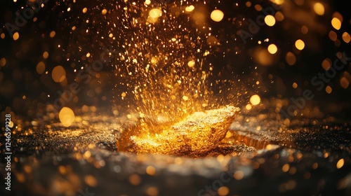 A close-up of molten gold being poured into a mold, with sparks flying around. photo