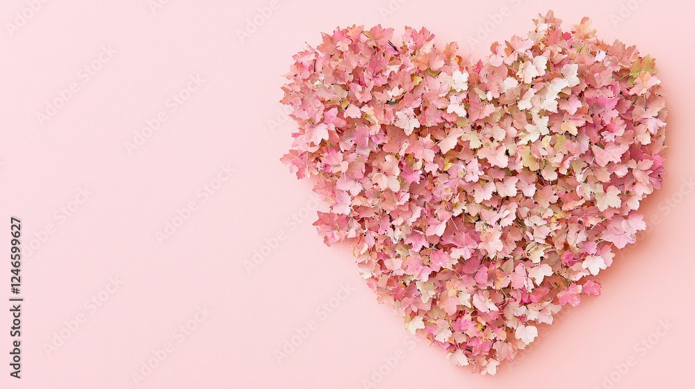 Pink Heart Shape Created with Decorative Leaf Cutouts on Pink Backdrop Pink Heart Shape Created with Decorative Leaf Cutouts on Pink Backdrop