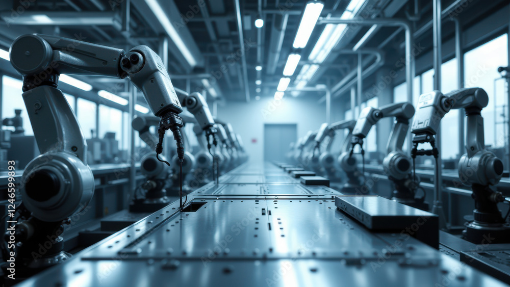 A modern factory with advanced robots operating on an assembly line. A modern factory with advanced robots operating on an assembly line.