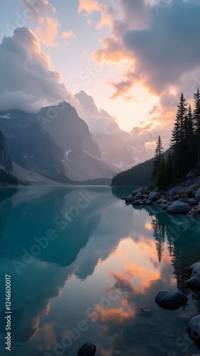Tranquil Mountain Lake at Sunset, Stunning Natural Reflection, Wallpaper, Serene Mountain Lake at Sunset , Breathtaking Nature Landscape