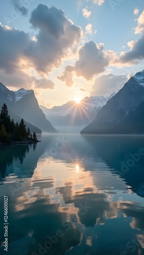 Tranquil Mountain Lake at Sunset, Stunning Natural Reflection, Wallpaper, Serene Mountain Lake at Sunset , Breathtaking Nature Landscape