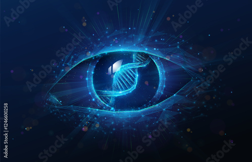 Lowpoly Human Eye with DNA Helix in Pupil. Abstract geometric illustration on biometrics authentication technology, genetic diagnostic, genealogy research concept by wireframe mesh on blue background