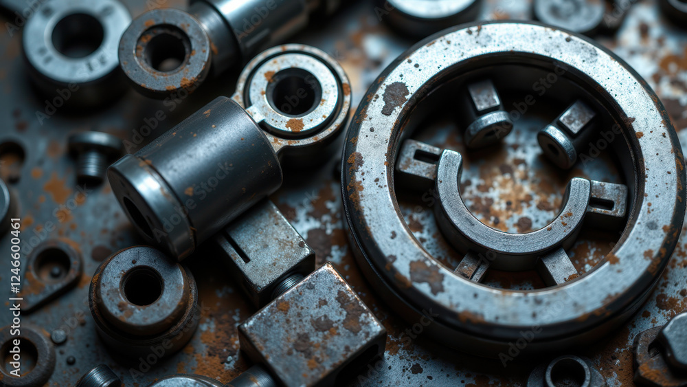 A close-up view of metal industrial parts with rust. A close-up view of metal industrial parts with rust.