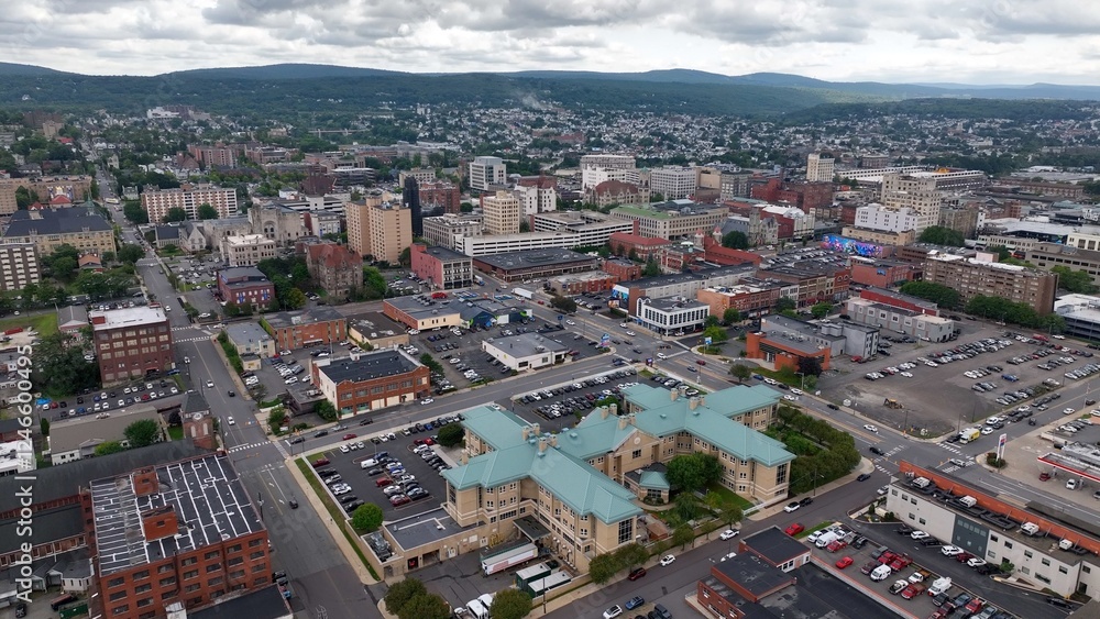 Downtown Scranton, Pennsylvania city skyline with office buildings and city streets where residents live and work known for Steamtown National Historic Site Downtown Scranton, Pennsylvania city skyline with office buildings and city streets where residents live and work known for Steamtown National Historic Site