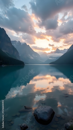 Tranquil Mountain Lake at Sunset, Stunning Natural Reflection, Wallpaper, Serene Mountain Lake at Sunset , Breathtaking Nature Landscape