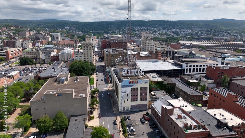 Fototapeta premium Downtown Scranton, Pennsylvania city skyline with office buildings and city streets where residents live and work known for Steamtown National Historic Site