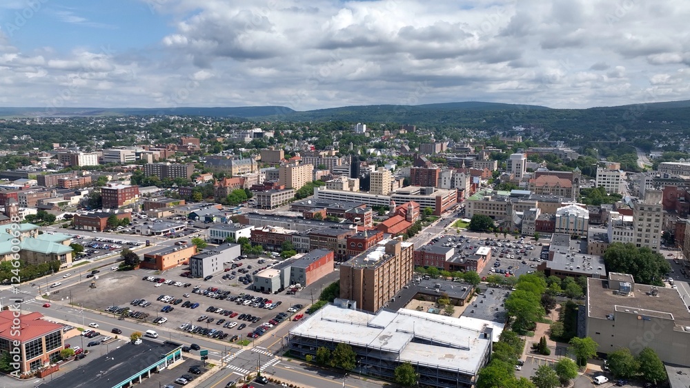 Naklejka premium Downtown Scranton, Pennsylvania city skyline with office buildings and city streets where residents live and work known for Steamtown National Historic Site