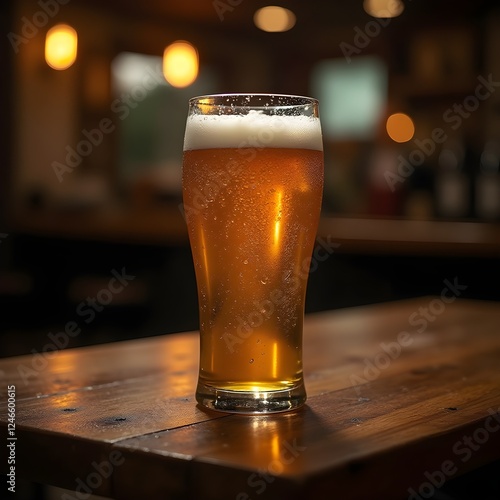 Refreshing Glass of Cold Beer, Golden Ale with Bubbles and Foam, Bubbly Lager on a Wooden Table, Classic Pint of Draft Beer. 