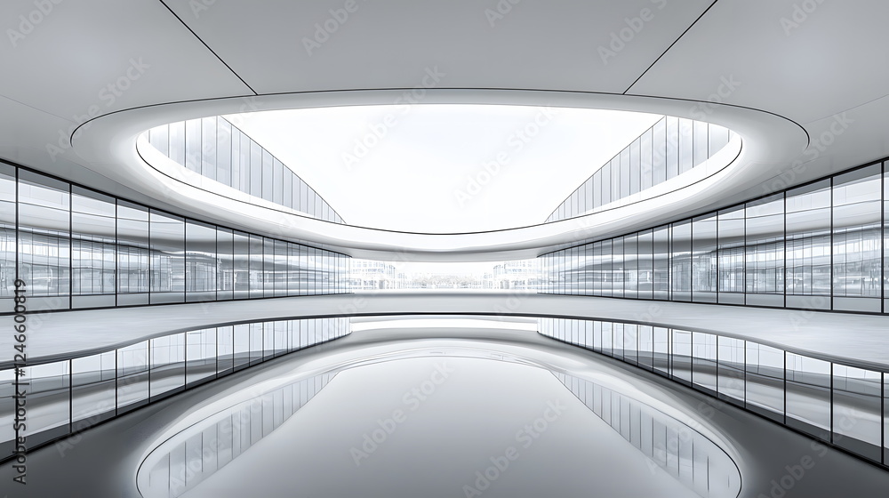 Obraz premium Modern architectural interior with large windows reflecting light on smooth surfaces