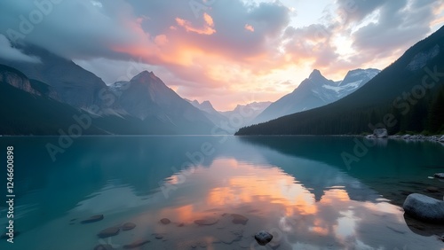 Tranquil Mountain Lake at Sunset, Stunning Natural Reflection, Wallpaper, Serene Mountain Lake at Sunset , Breathtaking Nature Landscape