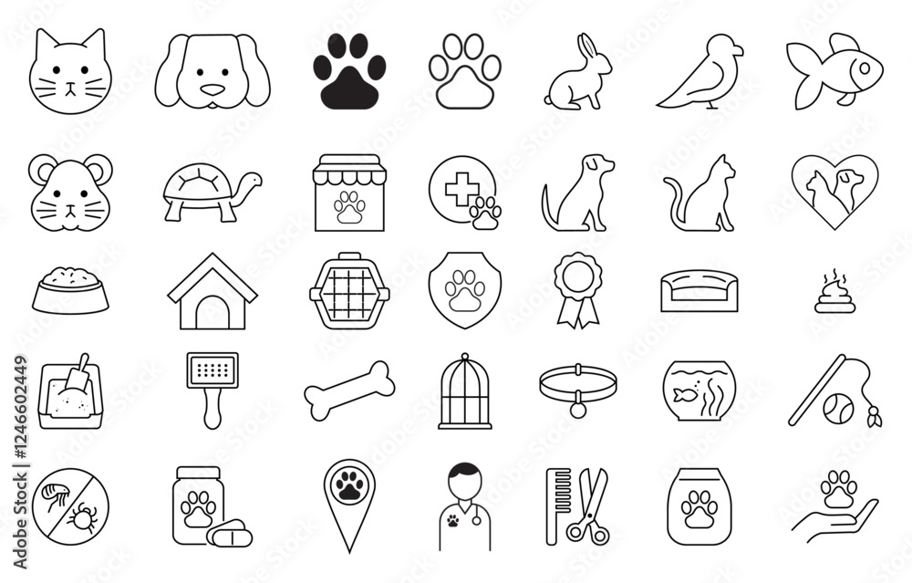 Pet and Vet Icons. Dog, Cat, Rabbit, Bird, Turtle, Hamster, Food, and Grooming. Transparent Background Lined Animal Art. Pet and Vet Icons. Dog, Cat, Rabbit, Bird, Turtle, Hamster, Food, and Grooming. Transparent Background Lined Animal Art.