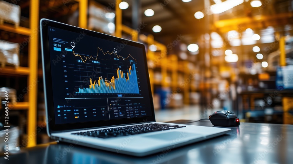 Detailed Visualization of Financial Data on Laptop Screen in an Industrial Warehouse Setting with Soft Lighting and Organizational Shelves Detailed Visualization of Financial Data on Laptop Screen in an Industrial Warehouse Setting with Soft Lighting and Organizational Shelves