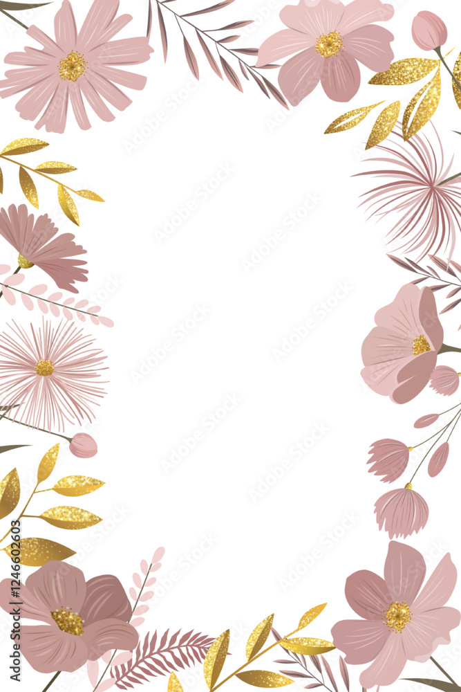Gentle floral frame for greeting card, wedding invitation. Botanical template with golden leaves and pastel meadow flowers. Gentle floral frame for greeting card, wedding invitation. Botanical template with golden leaves and pastel meadow flowers.