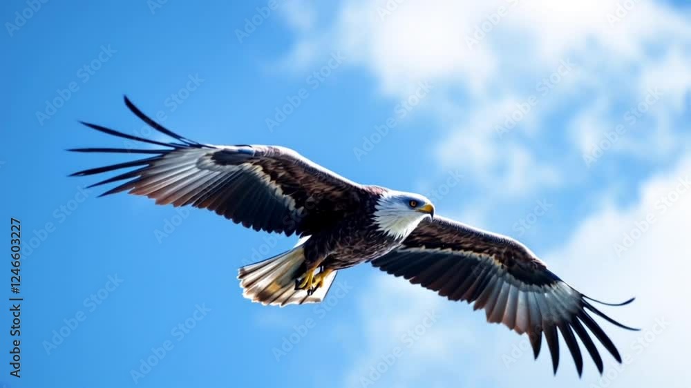 Bald eagle gliding with wings spread wide against a clear blue sky. Wildlife freedom concept Bald eagle gliding with wings spread wide against a clear blue sky. Wildlife freedom concept