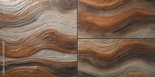 Close up stone composite vinyl tile sample with chestnut and oak wood texture surface. photo