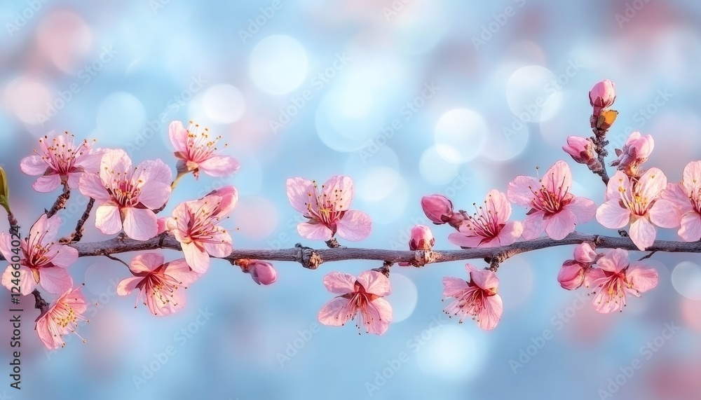 Springtime Splendor Delicate Pink Blossoms on a Tree Branch against a Serene Blue Sky Springtime Splendor Delicate Pink Blossoms on a Tree Branch against a Serene Blue Sky