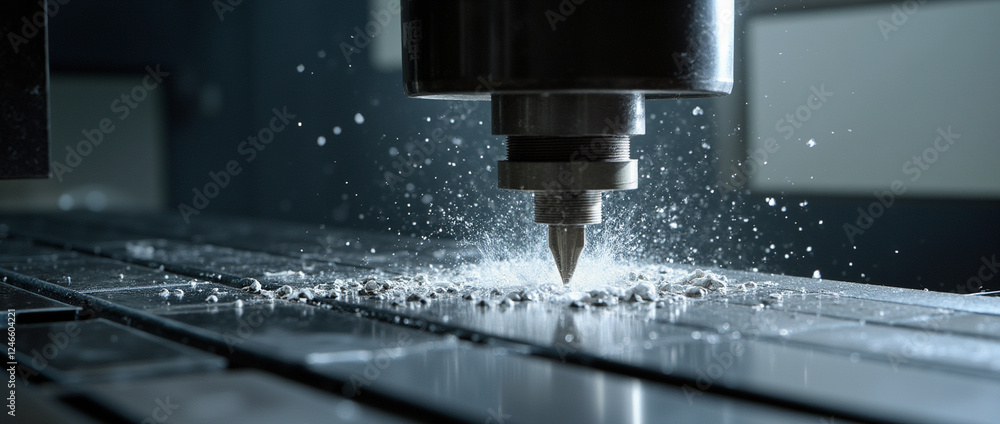 Precision water cutting in action at a manufacturing facility demonstrating high-tech machinery and fluid dynamics on a metal surface Precision water cutting in action at a manufacturing facility demonstrating high-tech machinery and fluid dynamics on a metal surface
