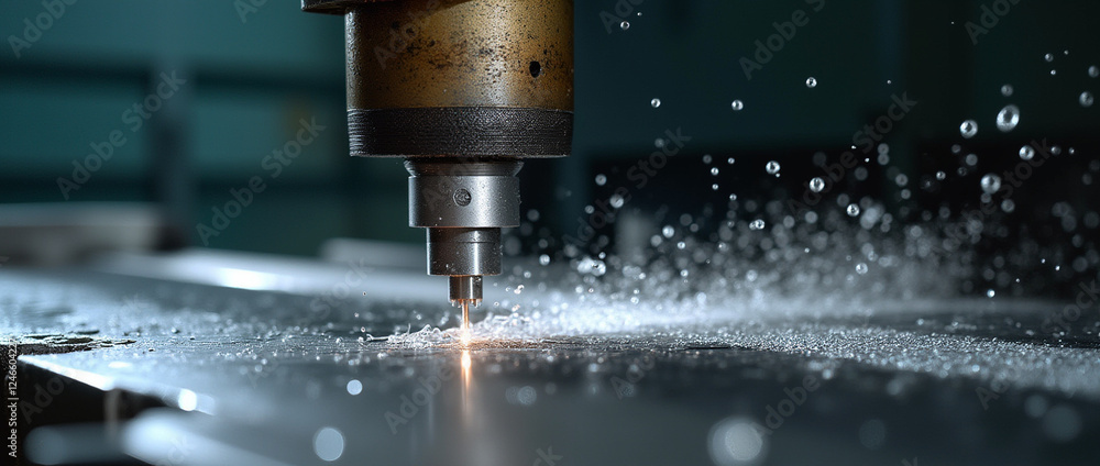 Precision water cutting in action at a manufacturing facility demonstrating high-tech machinery and fluid dynamics on a metal surface Precision water cutting in action at a manufacturing facility demonstrating high-tech machinery and fluid dynamics on a metal surface