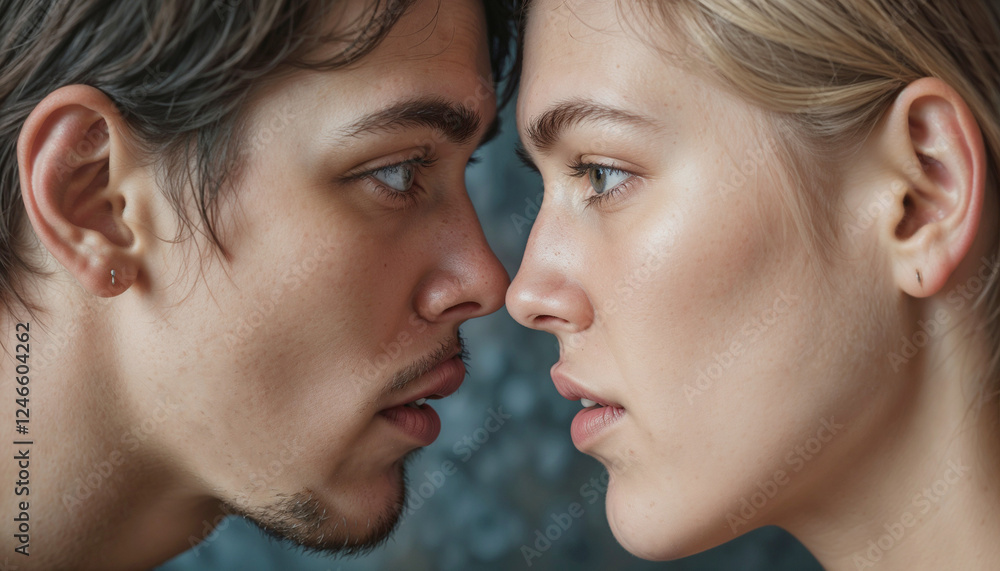 Intimate close-up portrait of a young couple gazing into each other's eyes
Intimate close-up portrait of a young couple gazing into each other's eyes