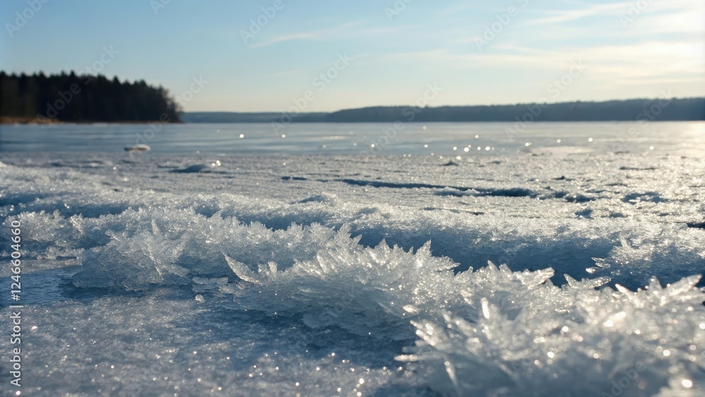 Shimmering Ice Crystals on Icy Surface, crystal formations, , frosty glass, frozen water droplets, cold climate Shimmering Ice Crystals on Icy Surface, crystal formations, , frosty glass, frozen water droplets, cold climate