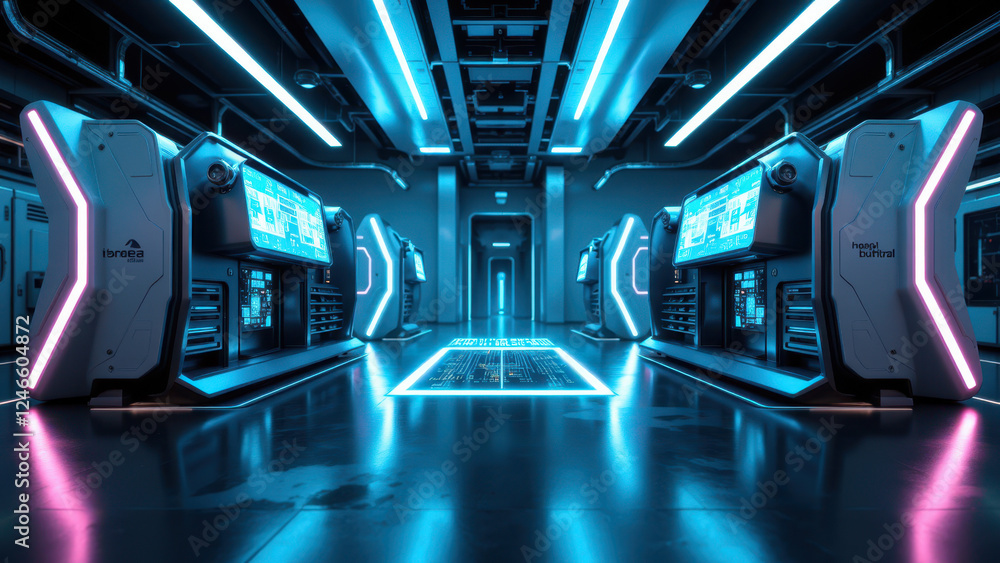 High-tech industrial control room with futuristic equipment and illuminated walkway. High-tech industrial control room with futuristic equipment and illuminated walkway.