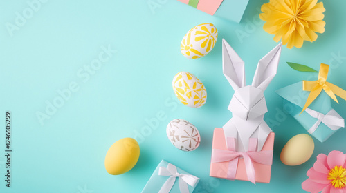 Wallpaper Mural DIY Easter bunny origami paper design for gifts and vibrant painted pattern eggs wrapped with ribbons, DIY crafting idea on colorful background Torontodigital.ca