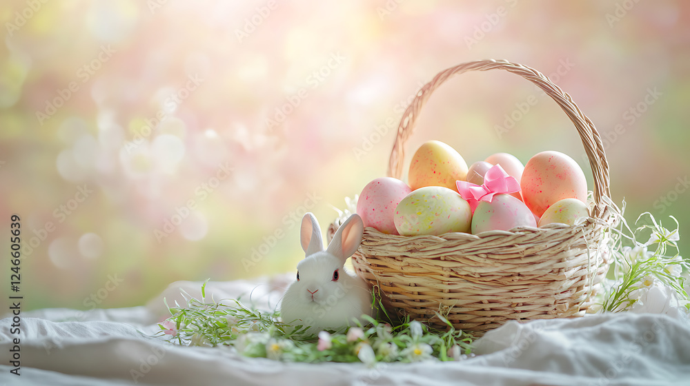 A rustic wicker basket overflowing with brightly colored Easter eggs, a charming rabbit with a pink bow resting beside it, surrounded by delicate grass sprouts, all elegantly arranged on a fabric A rustic wicker basket overflowing with brightly colored Easter eggs, a charming rabbit with a pink bow resting beside it, surrounded by delicate grass sprouts, all elegantly arranged on a fabric