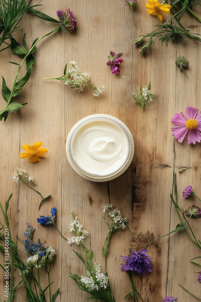 Natural cream in jar surrounded by colorful flowers on wooden table, top view. Floral arrangement with fresh petals and greenery Natural cream in jar surrounded by colorful flowers on wooden table, top view. Floral arrangement with fresh petals and greenery