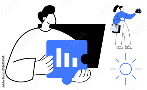 Wallpaper Mural Man holding puzzle piece with bar graph analysis in front of screen, woman holding globe, sun icon, teamwork, collaboration, business strategy, growth, innovation, global perspective abstract line Torontodigital.ca