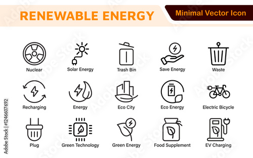 Renewable Energy Icon Set. A dynamic collection of icons showcasing sustainable energy solutions, perfect for environmental projects, educational materials, and green technology applications.