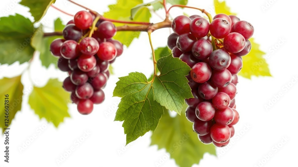 Fototapeta premium red grapes on a branch with leaves isolated on white background, greenery, fruit arrangement, rustic