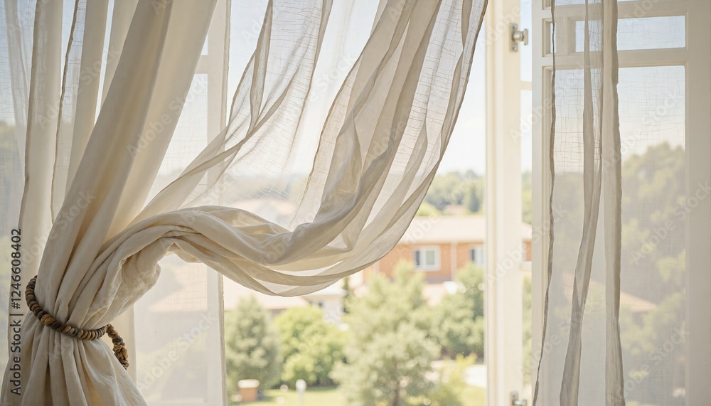 Sun-kissed linen curtains gently swaying at an open country window. Sun-kissed linen curtains gently swaying at an open country window.